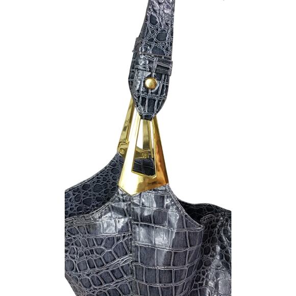 Braciano Gray Patent Croc-Embossed Tote Bag Gold Hardware | Large Glam Carryall - Picture 7 of 13